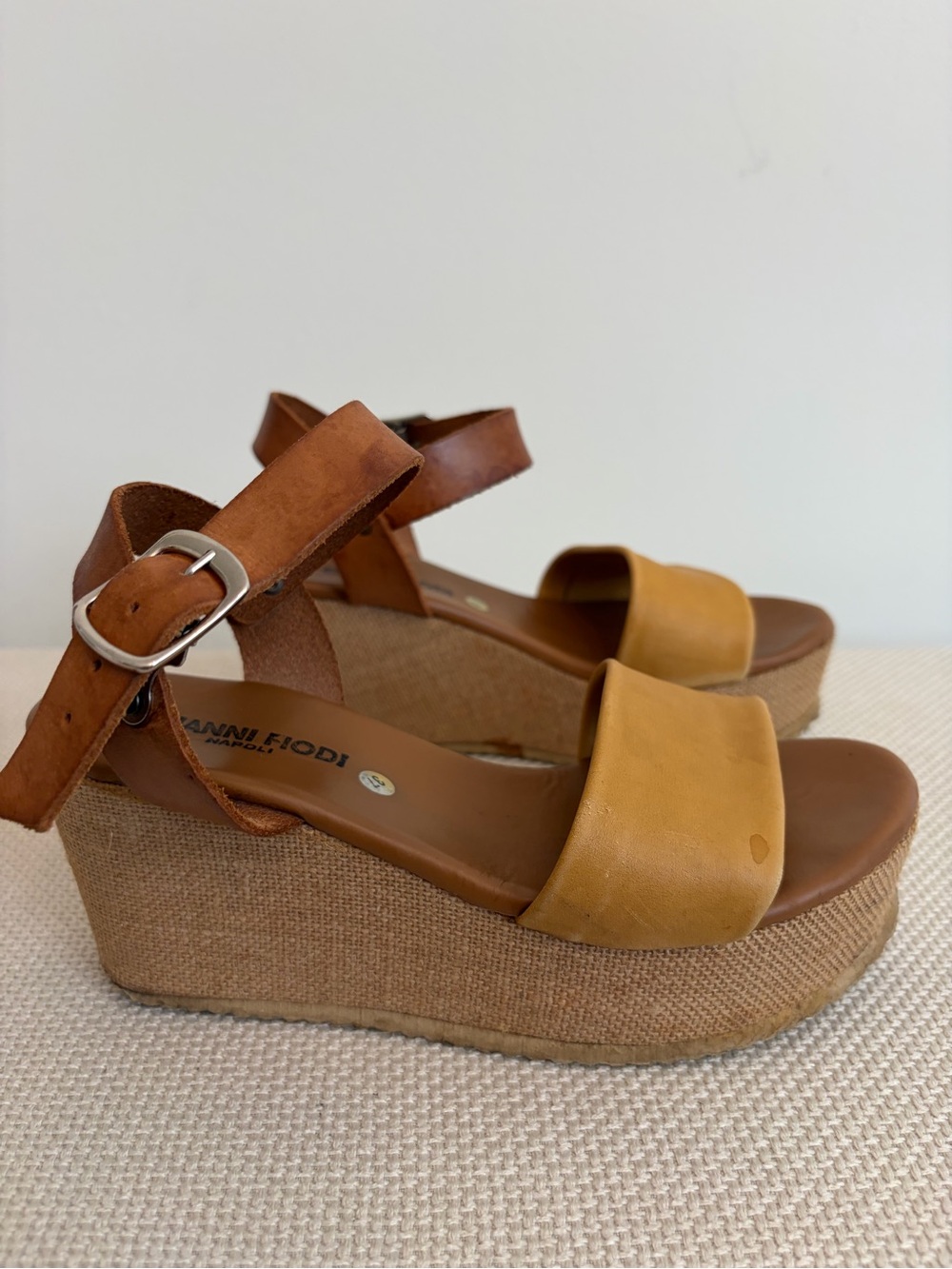 Tan & Mustard Wedge Sandals with Ankle Buckle
